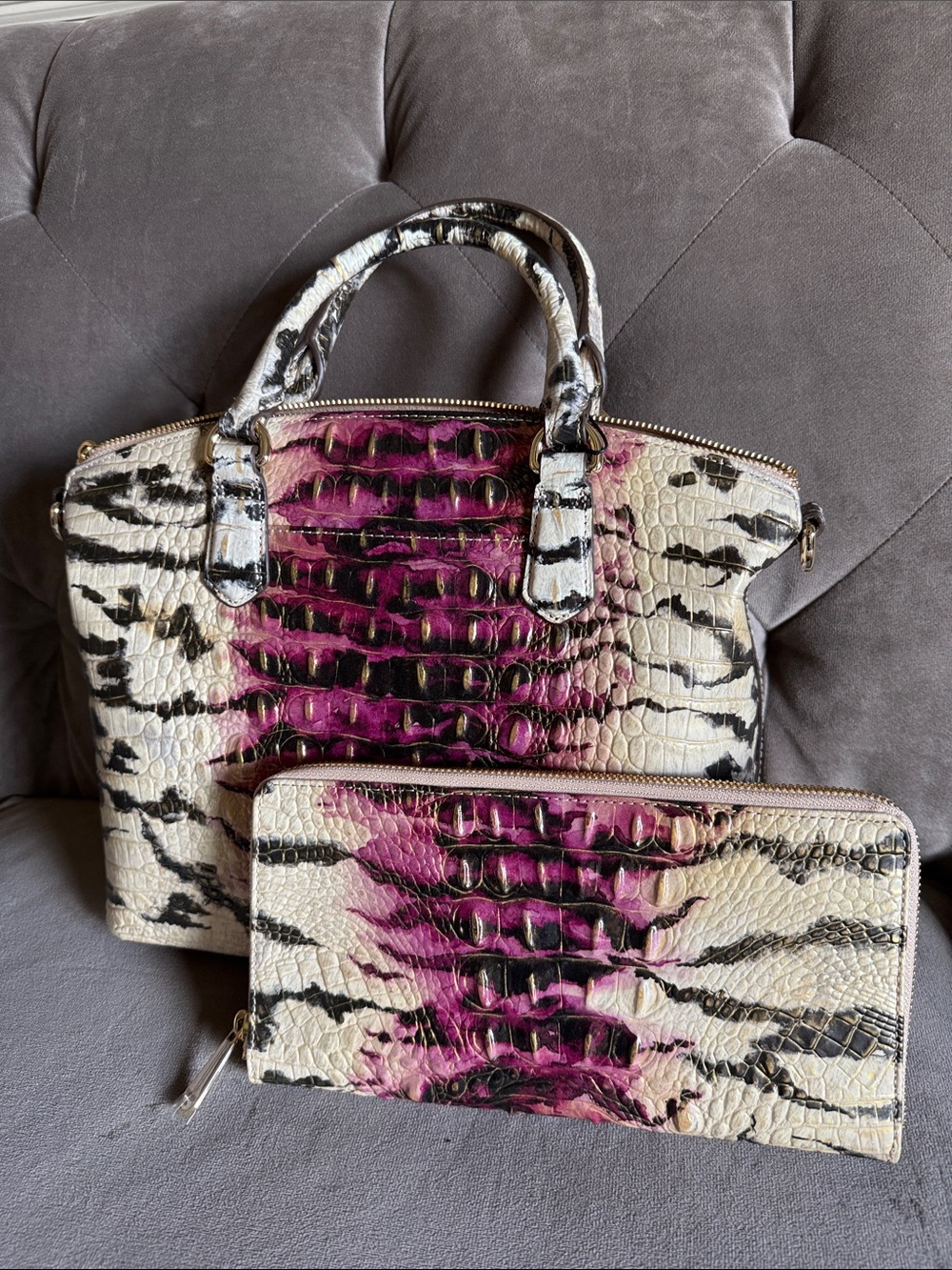Brahmin Ivory, Black & Magenta Embossed Satchel with Wallet - Picture 4 of 7
